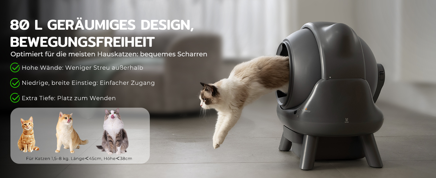 Автоматичний лоток для котів Cura X1: самоочищення, 80+8л, сенсори, контроль через додаток, для кількох котів