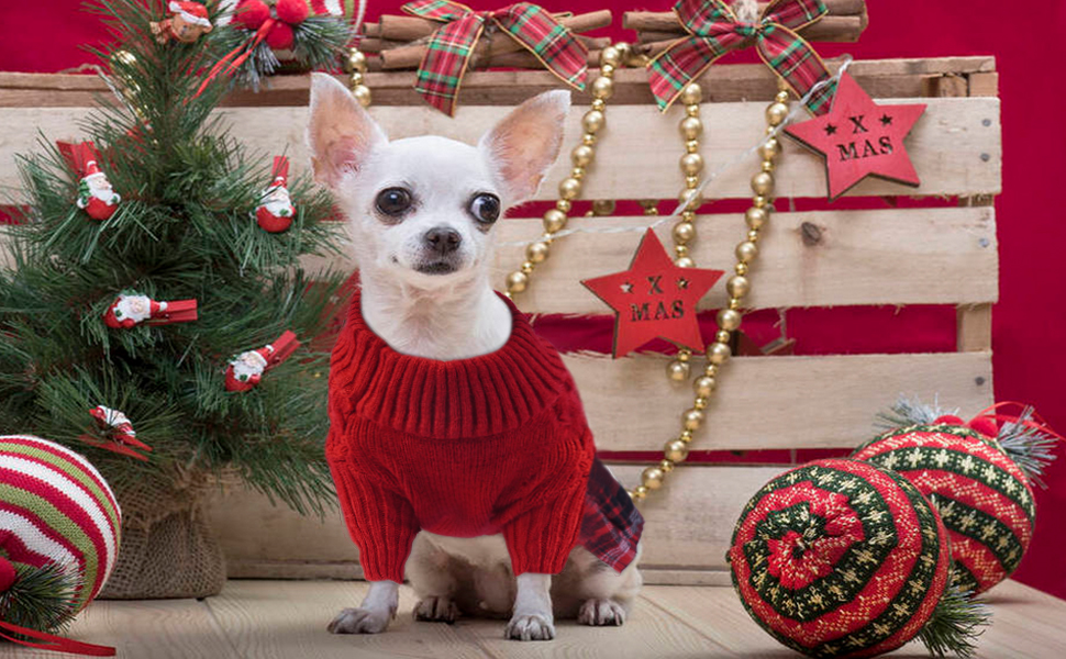 Пуловер для собак з коміром-гольф на Новий Рік, теплий одяг для цуценят, класичний в'язаний одяг для маленьких собак, чихуахуа, теплий одяг на Новий Рік, одяг для домашніх тварин (червоний, S)