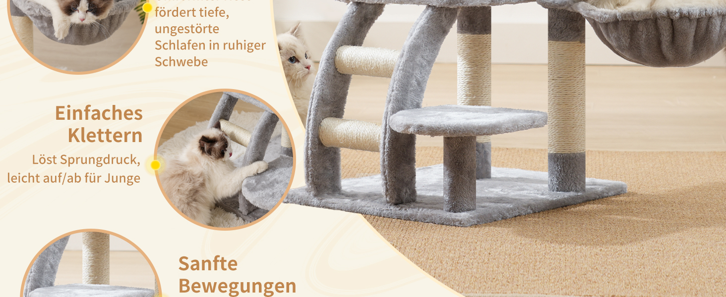 Кігтеточка Heybly Kratzbaum 75 см: кігтеточка-вежа з платформою, будиночком, гамаком, драбиною та іграшками для котів, сірий колір, HCT009SM