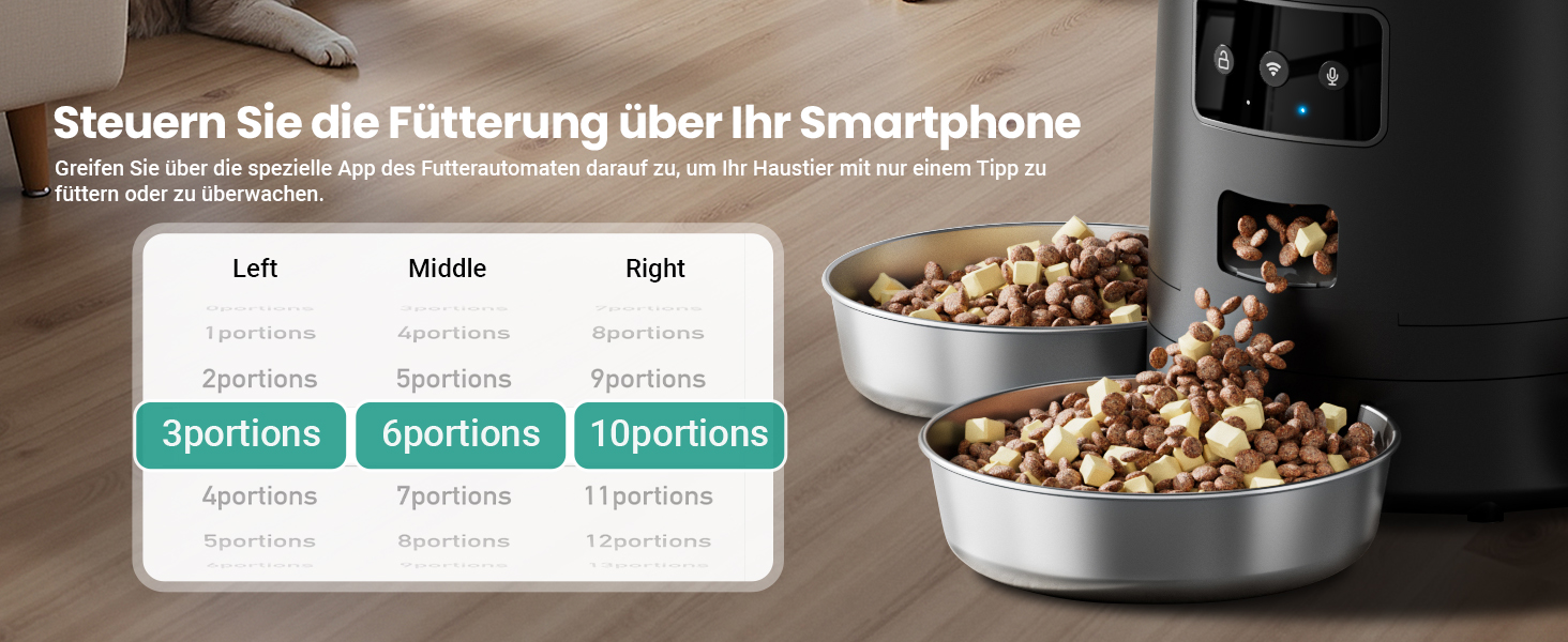 Автоматичний годівниця для котів з Wi-Fi та таймером, 6 л / 25 чашок, 3 миски, 3 пакети силікагелю, система проти застрягання, 2.4G Wi-Fi, запис голосу 10 секунд, чорний