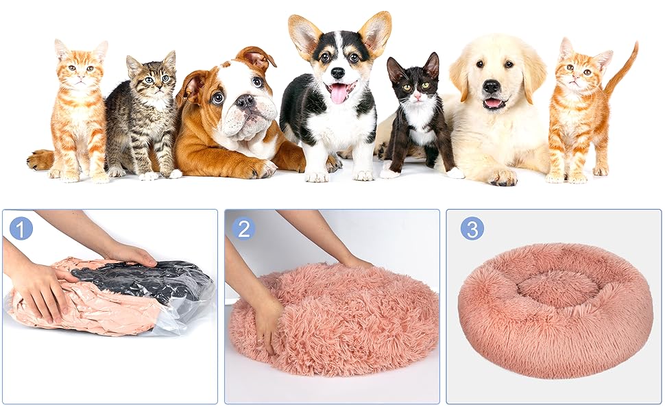 OKPOW Крізьке ліжко для собак: м'яке, кругле ліжко для цуценят, анти-страх, комфортне ліжко для котів, плюшеве ліжко для домашніх тварин, пральне, Ø60см, рожеве (M)