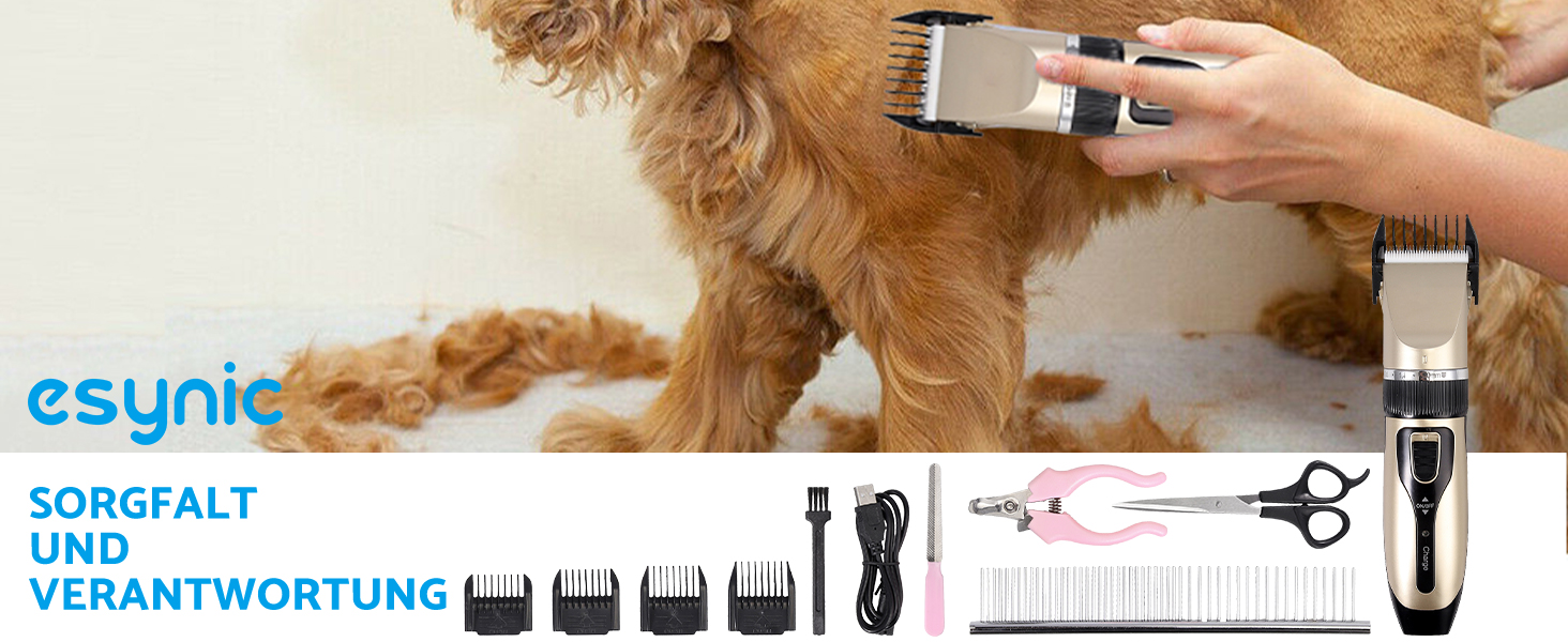 eSynic Професійна машинка для стрижки котів та собак, триммер для лап, електрична машинка для грумінгу, 4 насадки