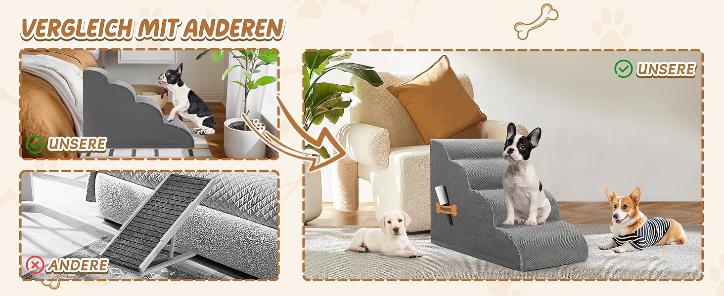 Сходинки для собак та котів ROMROL – 4 сходинки, сірі, з антиковзким покриттям, з м'яким Memory Foam, для захисту суглобів, знімний чохол