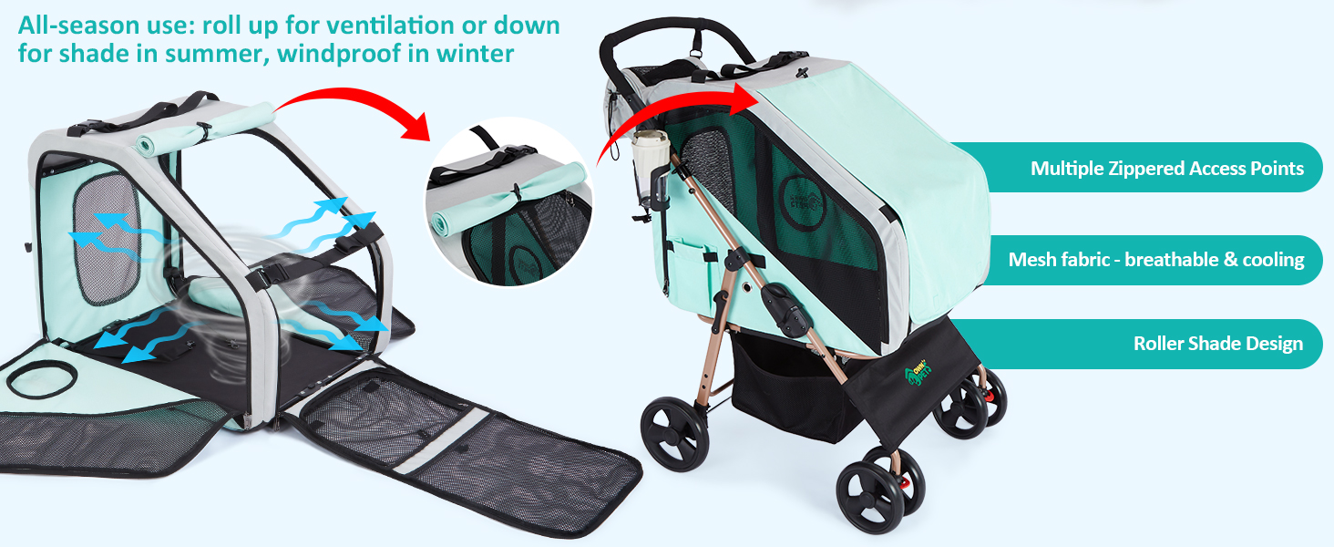 Візок для собак Ownpets - 3в1, для собак середніх порід (до 30 кг), блакитний, з автотранспортною коробкою, поворотні колеса та амортизація