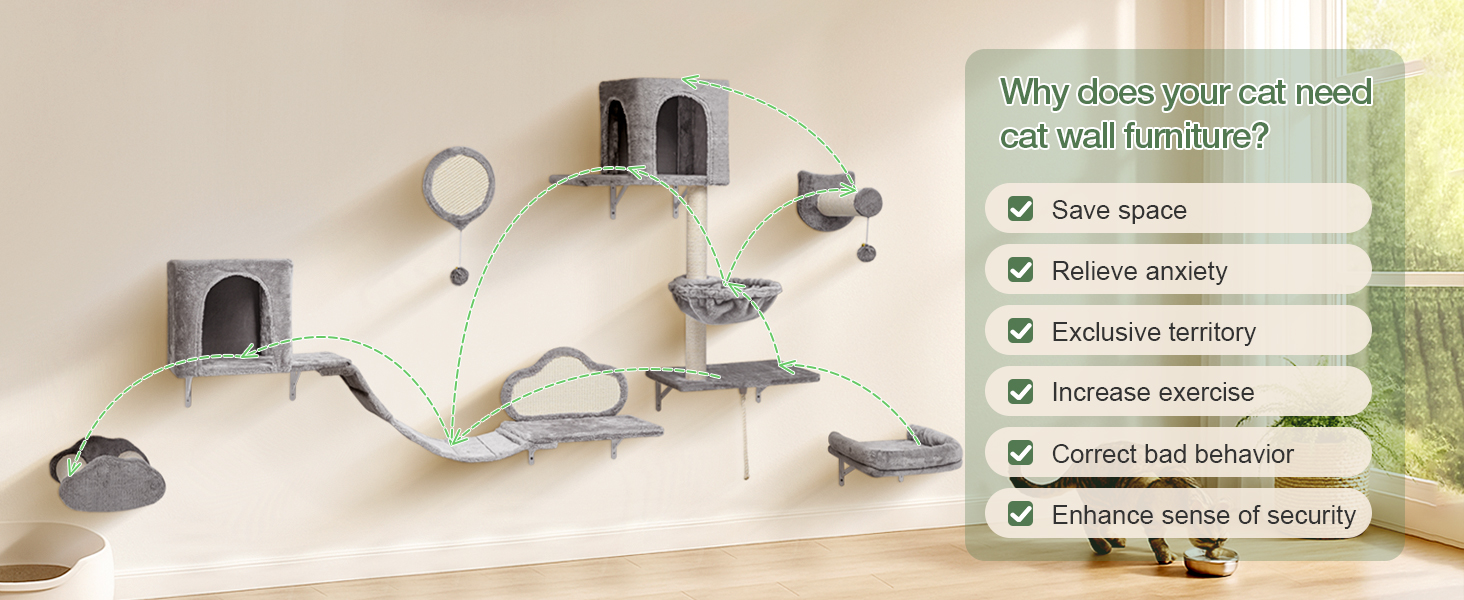 Комплекс для котів BYBYME з гамаком, ліжком та високими полицями, 6 предметів. Міцний, з плюшем, сизалевим покриттям та крізьовим покриттям. Для кількох котів. (Світло-сірий)