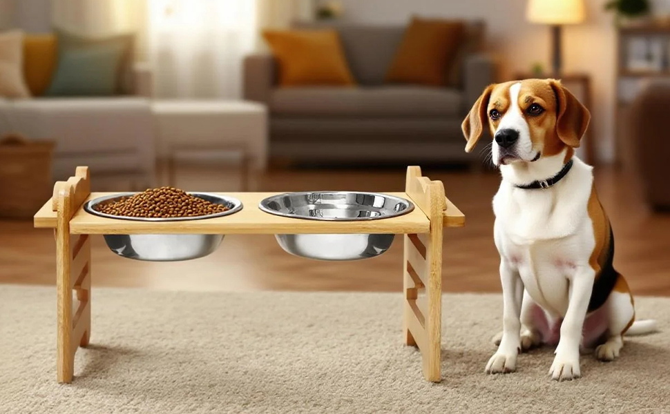 Підвищена годівниця для собак DOKKOME: регульована висота, бамбуковий підставник, нержавіюча сталь, для маленьких собак та котів, захист суглобів