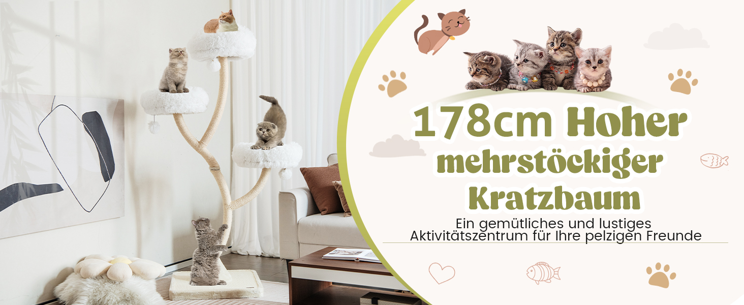 Дерев'яний кігтетопор для котів COSTWAY 178 см з 3 лежаками, м'ячиками та сизалевими стовпчиками, великий, з металевим каркасом, сірий