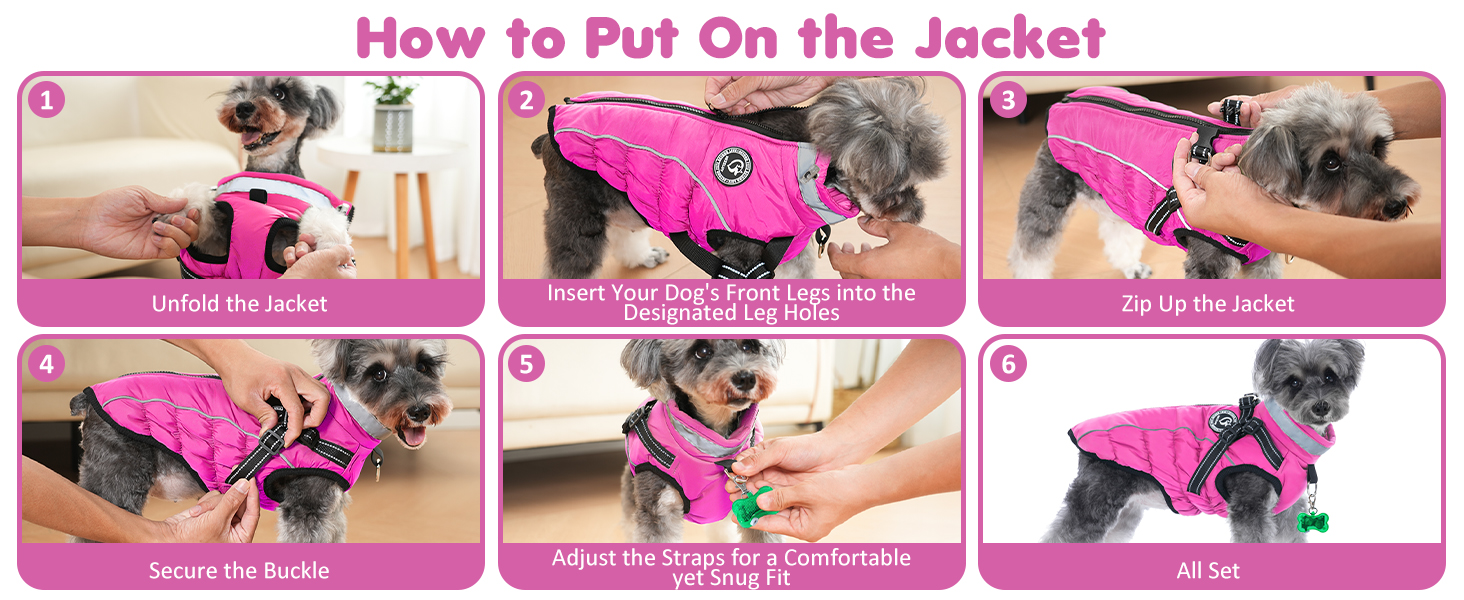 Зимовий одяг для собак, теплий водонепроникний одяг для собак з шлейкою, світловідбиваючі смуги, LED-ошийник, зимові куртки та одяг для маленьких та середніх собак, рожевий, розмір S