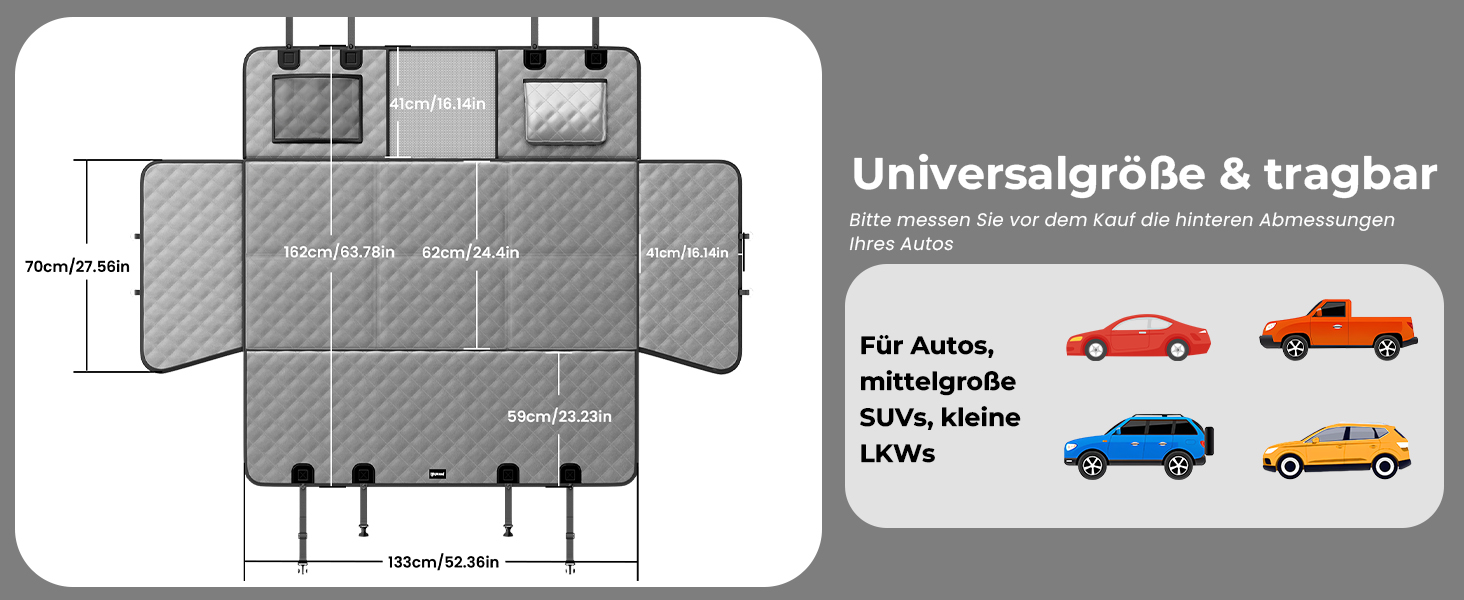 Плед для собак у машину Pecute з жорсткою основою, 133*62 см, сірий. Захист сидіння, антиковзаюча поверхня, до 150 кг. 3-в-1: збільшення сидіння, чохол, сітка для собак. Водонепроникний, антицарапин, текстура софи.