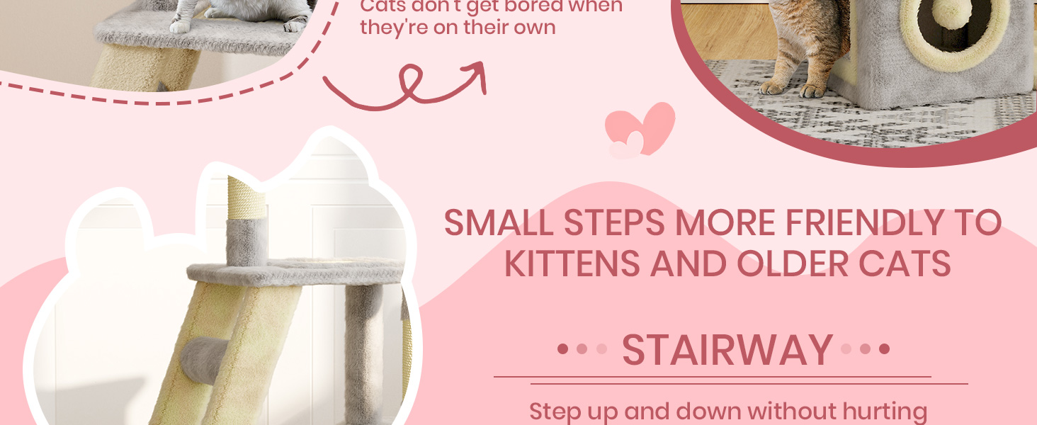 Клітка-когтеточка для котів Dogat 107 см, багатоярусна з когтеточкою, лежаком, будиночком та ігровим м'ячиком (сіра/бежева)