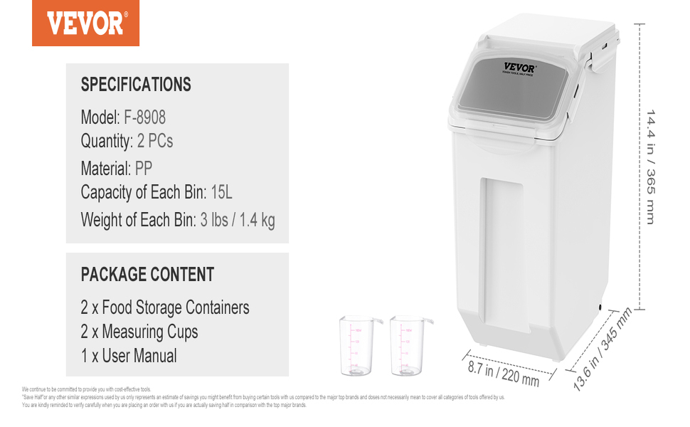 Контейнер для зберігання VEVOR 15 л з кришкою та колесами, герметичний, для продуктів (рис, борошно, цукор, горіхи, корм)