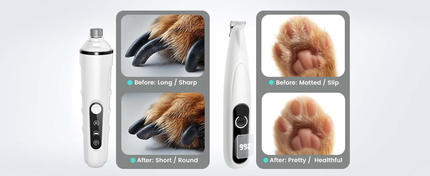 PAPMINI 2-в-1 триммер для когтів та стрижка когтів для собак, безшумний, акумуляторний, для великих, середніх та маленьких собак, білий