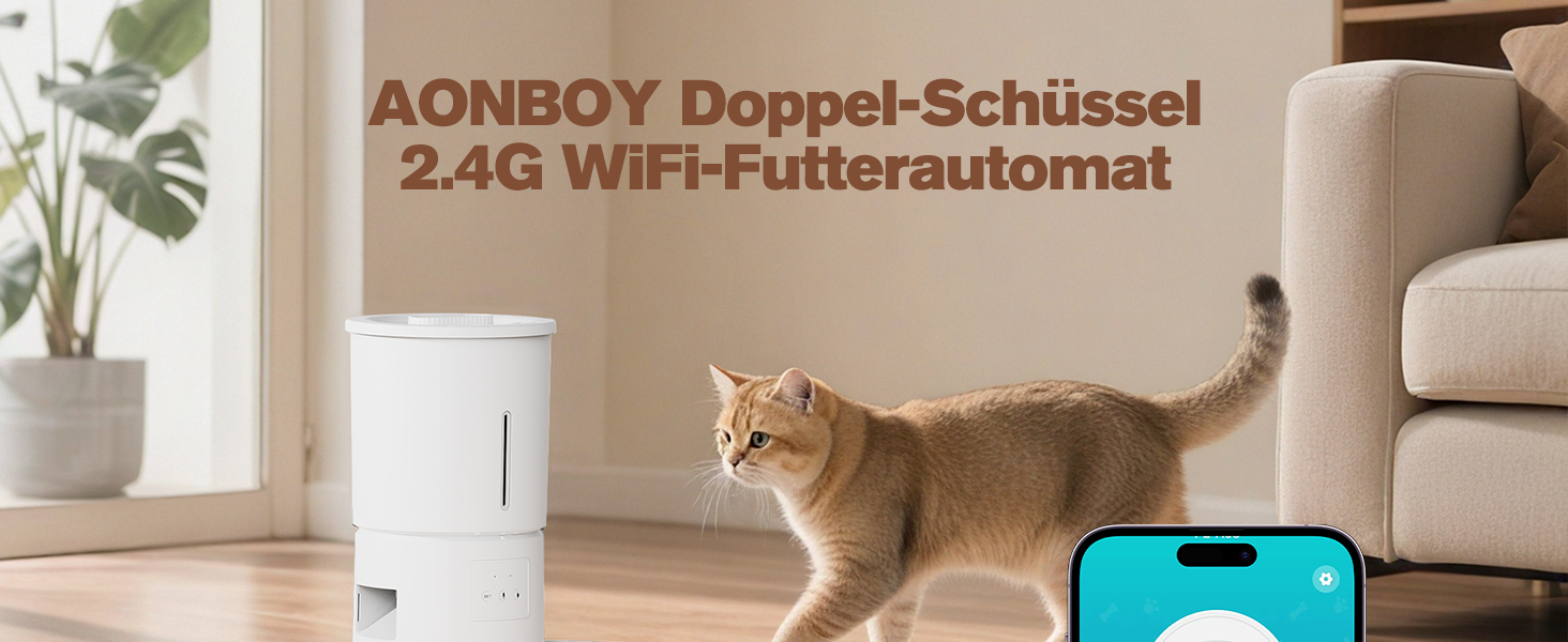 Автоматична годівниця для котів та собак AONBOY з Wi-Fi, 2 напівокремі, 5л - Таймер, контроль через додаток