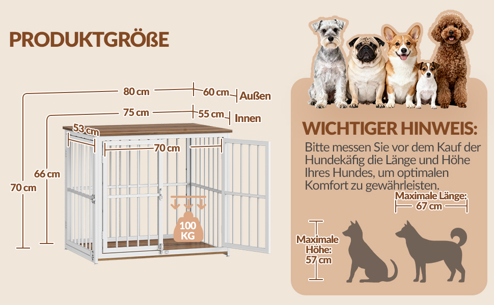 Будиночок для собак 100 см, дерев'яна клітка для дому з 3 дверцями (100x60x70 см), вінтажний коричнево-білий, для середніх та великих порід