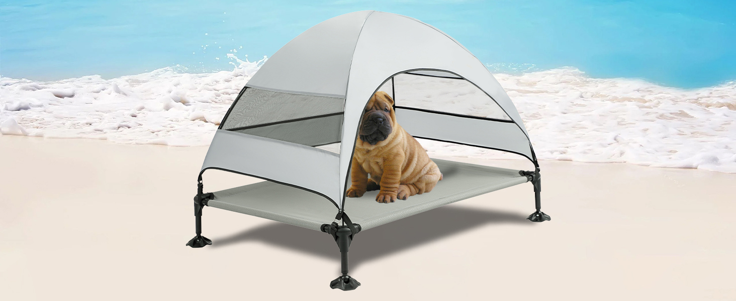 Лежанка для собак Snagle Paw з дахом, підвищене ліжко - стабільне собаче ліжко з антиковзкими ніжками, широка тінь - водонепроникна для великих собак в приміщенні/на вулиці, кемпінг та сад (Сірий, L106 x B76 x H84 см)