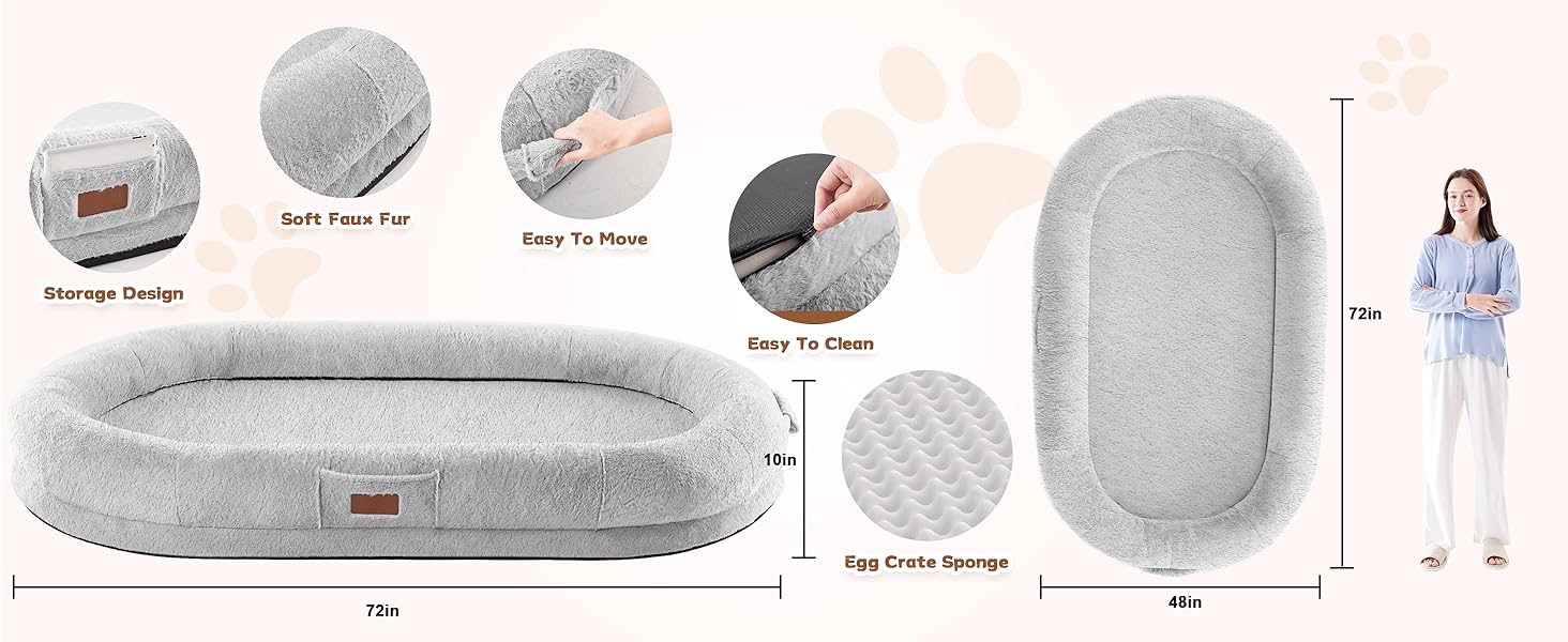 Крісло-ліжко для собак та людей, 180х122х25 см, велике крісло-мішок з ковдрою, овальне ліжко з штучного хутра, знімний великий матрац Memory Foam, сіре