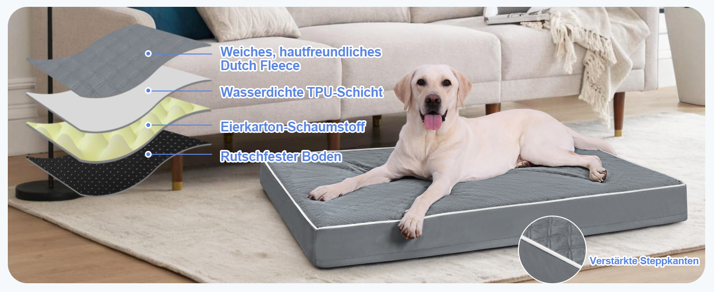Ортопедичне ліжко для собак KSIIA, великі породи, 104x68x8 см, знімний матрац, миється, сіре