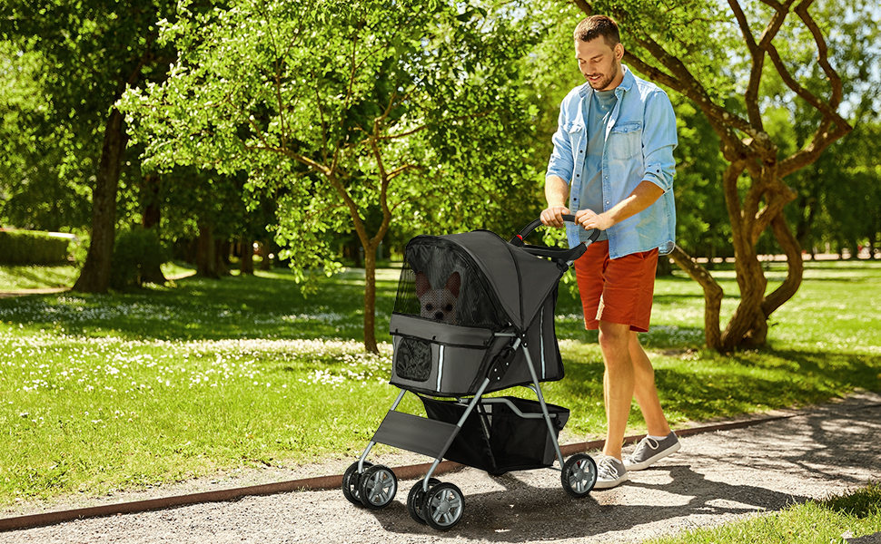 PawHut Складаний візок для собак, візок для домашніх тварин, маленький візок для собак з регульованим дахом, кошик для зберігання, сітчасті вікна, тримачі для чашок та колеса, 75x45x97 см, темно-синій, темно-сірий