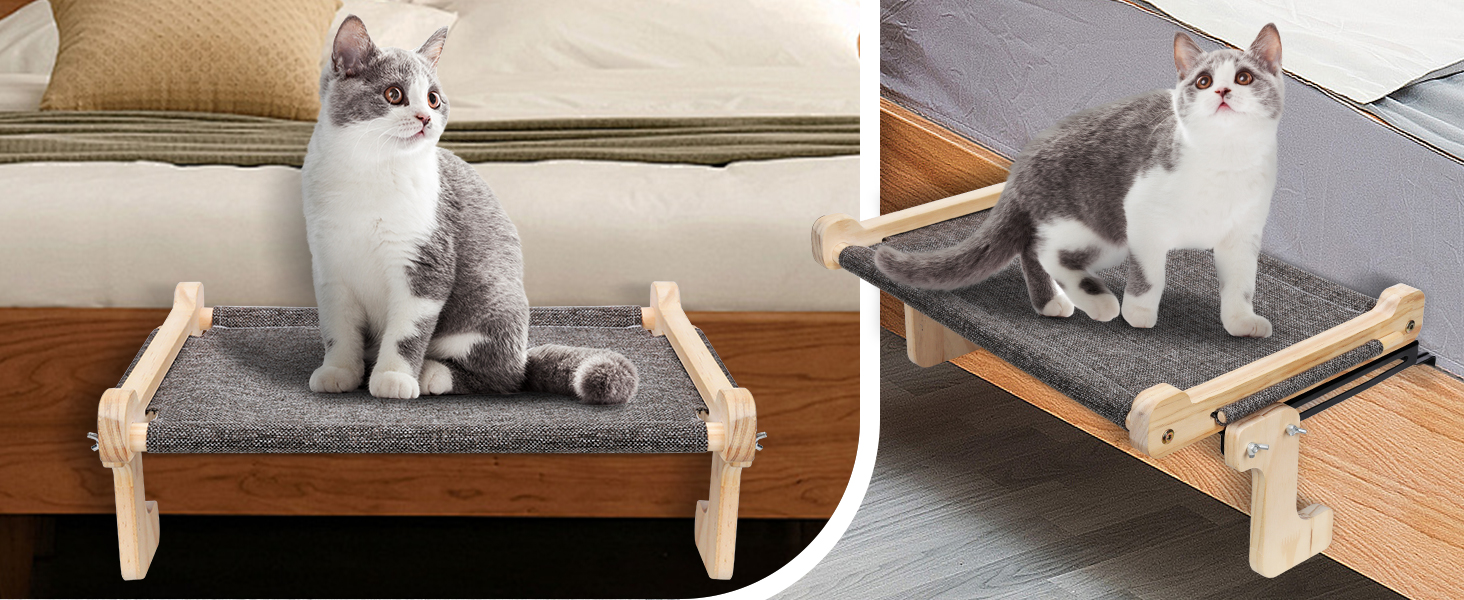 Котів гамак для вікна, лежанка для котів, міцна велика гамак для котів, дерев'яне ліжко для котів на вікно зі знімним товстим чохлом, зручне ліжко для котів на підвіконня, економне місце до 30 кг, чорний