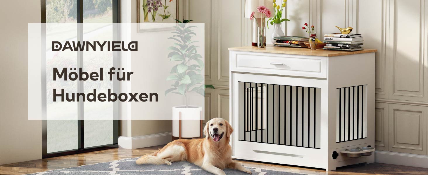 DAWNYIELD Клітка для собак, меблі для тварин, дерев'яний вольєр з відкриваючимся верхом, шухляда, меблевий стиль, внутрішній вольєр для собак, стіл з поворотним мисником на 360°, білий колір, ковзаюча дверцята білого кольору