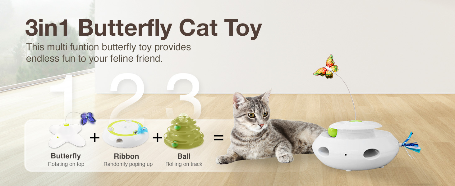 Інтерактивна іграшка для котів ALL FOR PAWS 3 в 1: метелик, м'ячики, пір'я. Автоматична іграшка для дому.