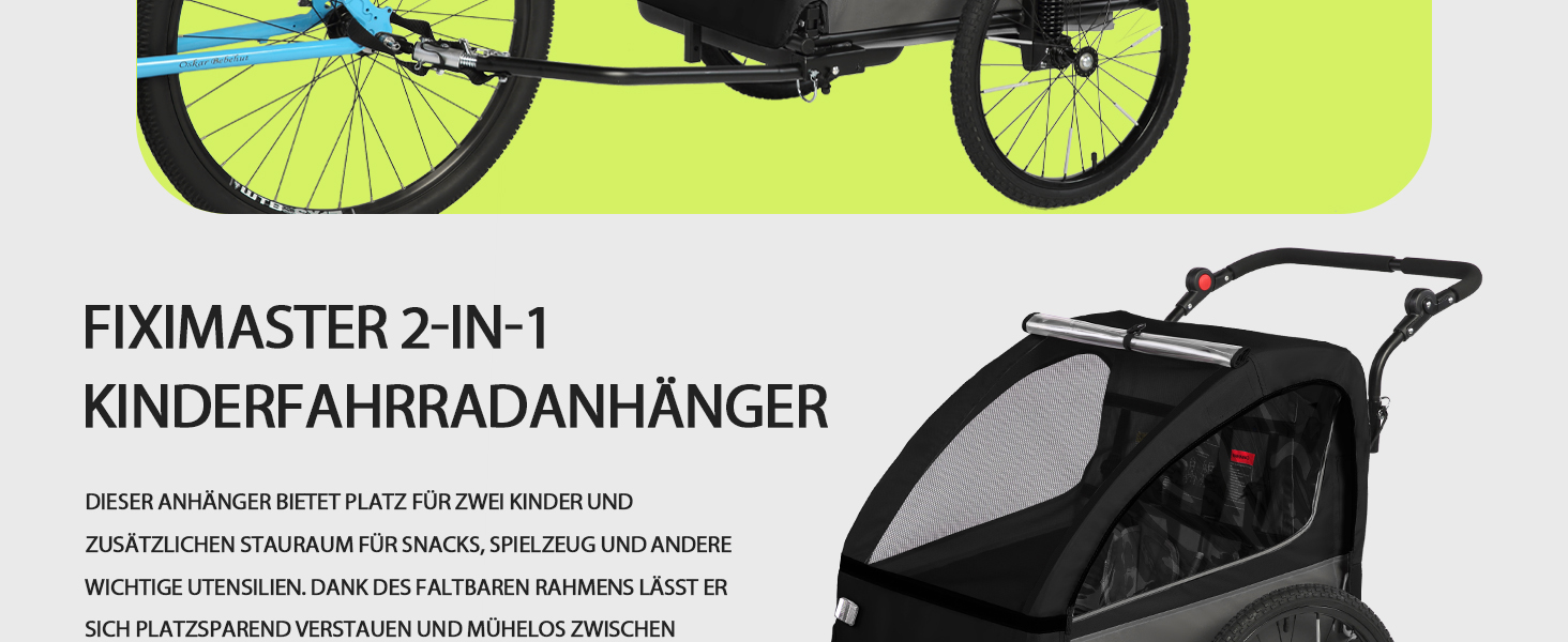 Дитячий велопричіп 2в1 з функцією коляски та бігуна, амортизація, регульована ручка-штовхач та гальма, для 1-2 дітей, до 40 кг, чорний