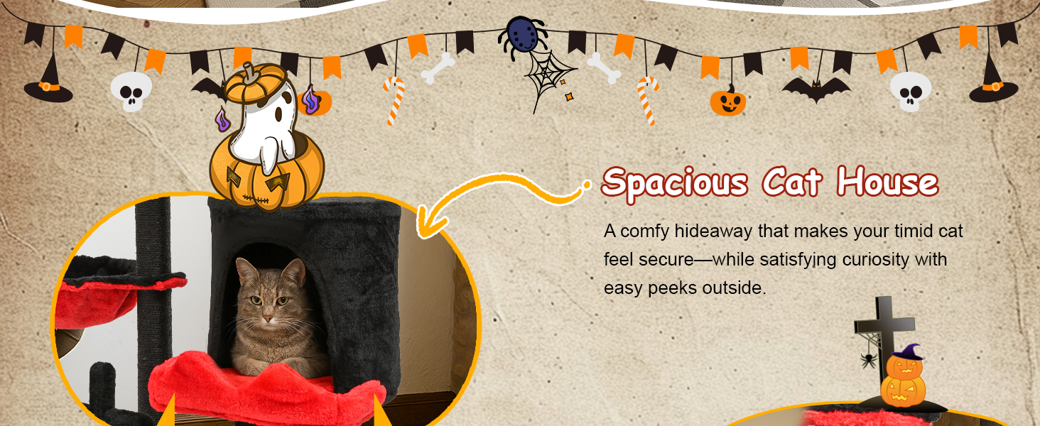 Котячий комплекс Gothic Halloween: стійка кімната з ліжком, будиночком та когтеточками, 84.5 см (Чорний/Червоний)