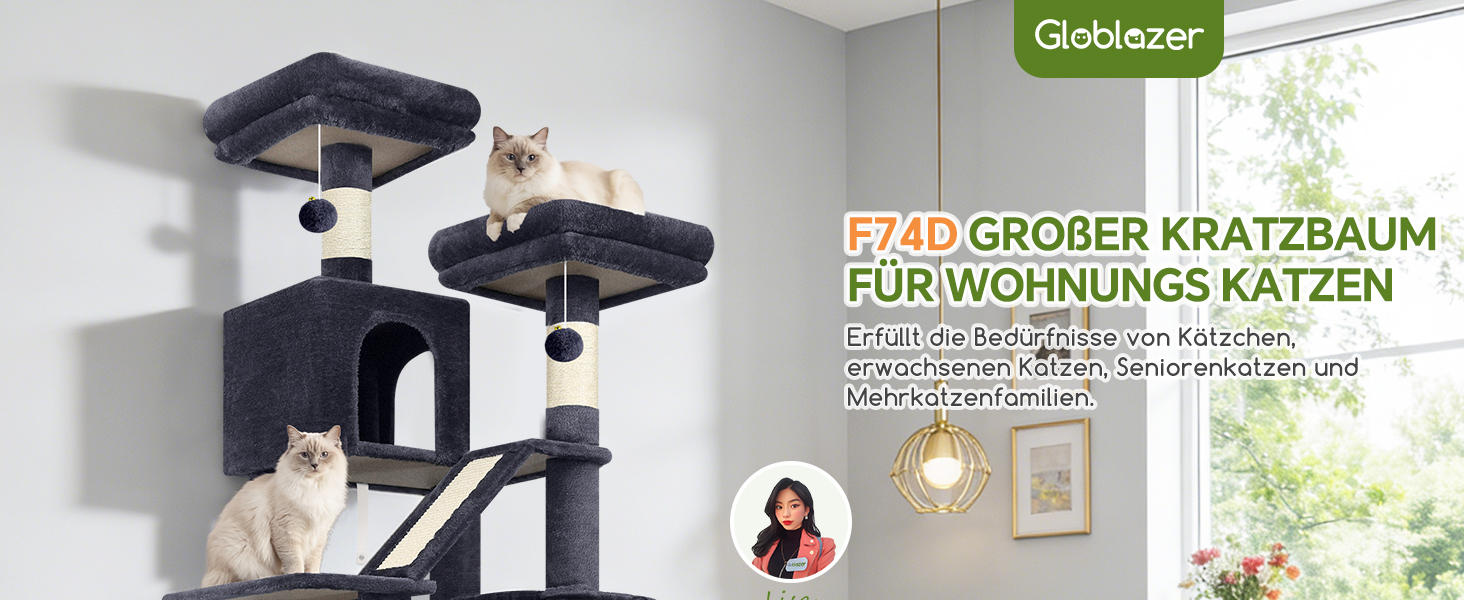 Комплекс для котів Globlazer з будиночками, лежаками та когтеточками, 189 см, XXL, темно-сірий