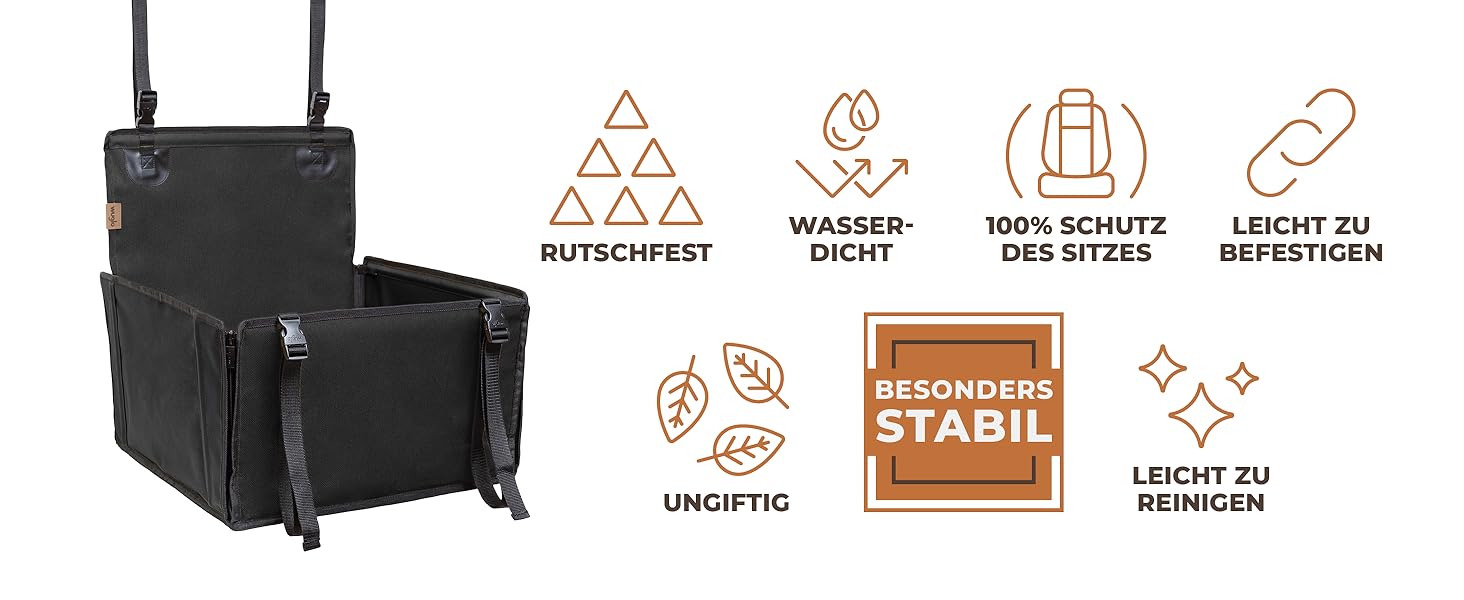 Автокрісло для собак WUGLO Extra Stable - чорне, для малих та середніх порід, водонепроникне, з 4 ременями кріплення