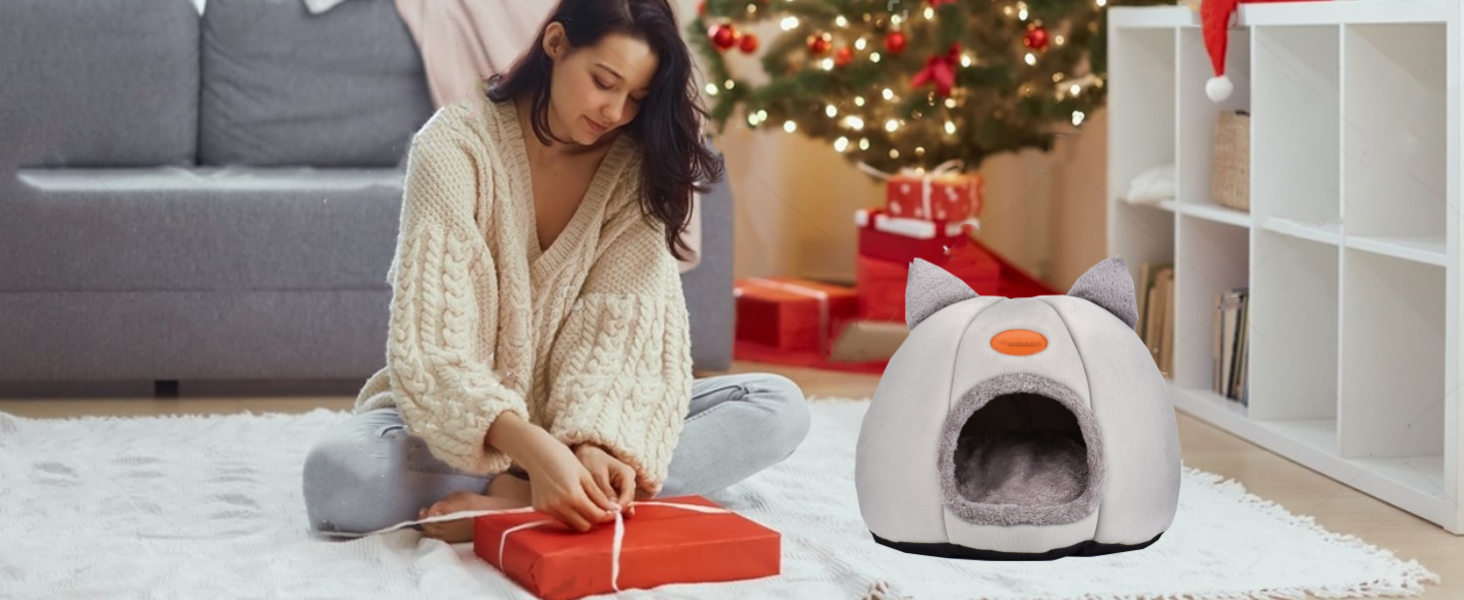 Кігтеточка-будиночок для котів, тепла та м'яка печера-ліжко для кошенят та дорослих котів (сірий, L)