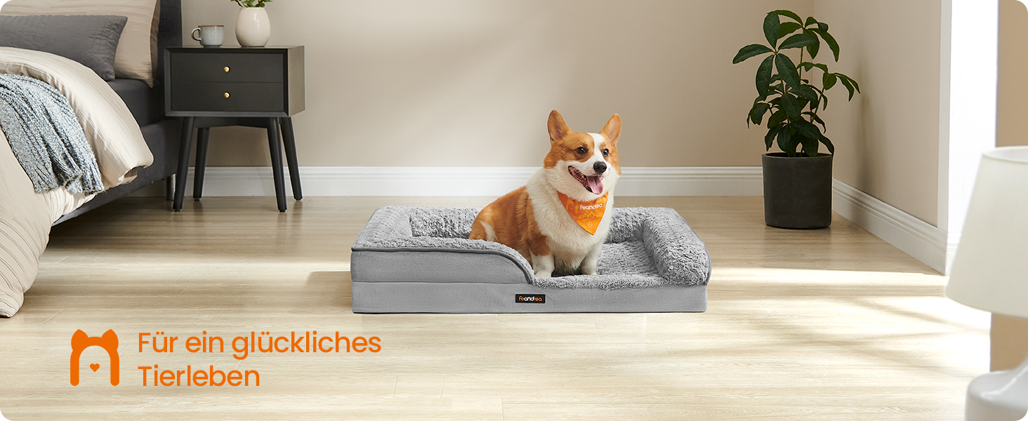 Ортопедичне ліжко для собак Feandrea, середнього розміру, водонепроникне, знімний плюшевий чохол, 91 x 68 x 16 см, сірий (PGW252G01 L)