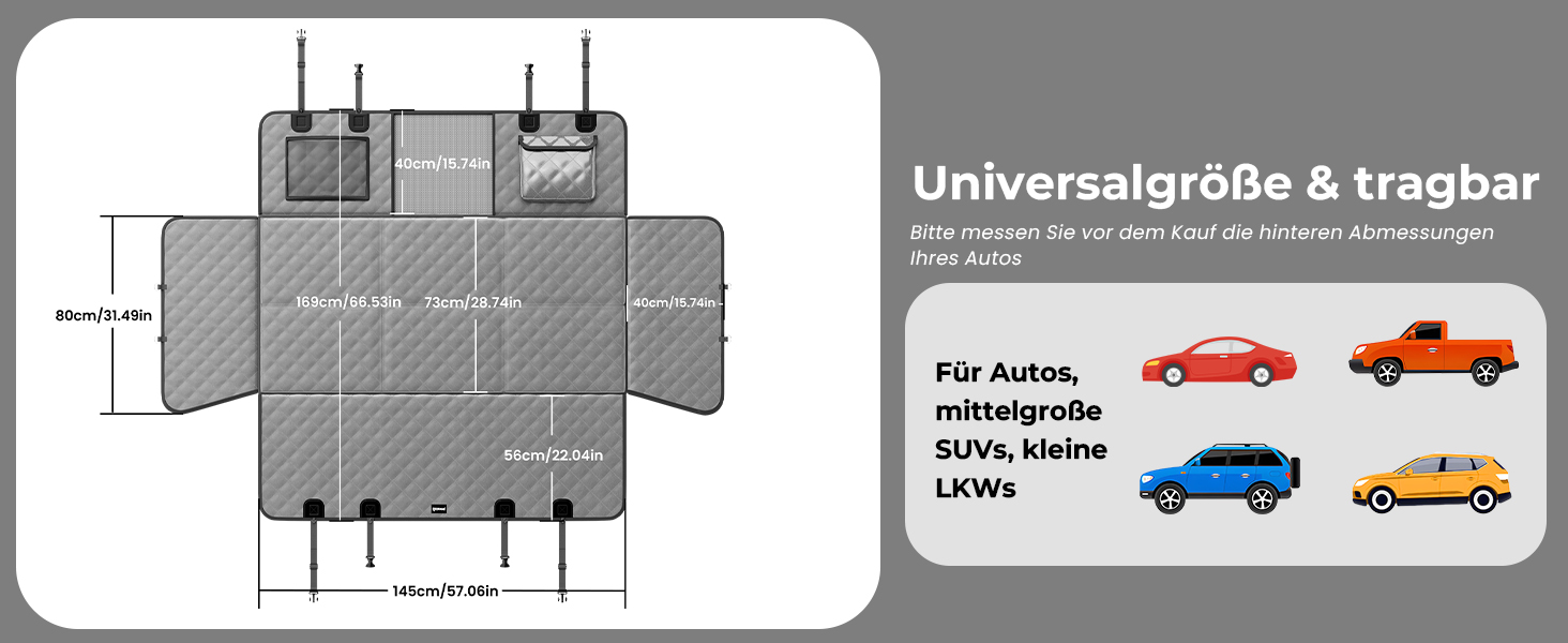 Плед для собак у машину Pecute з жорсткою основою, 133*62 см, сірий XL. Водонепроникний, антикігтунний, 3-в-1 (розширення сидіння, чохол, сітка). Підходить для великих SUV/LKW, до 150 кг.