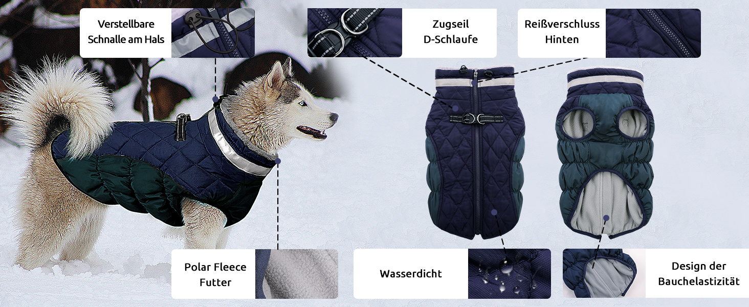 Зимовий одяг для собак CITETOILE: теплий водонепроникний жилет з флісовою підкладкою та світловідбиваючими елементами (М, темно-синій)