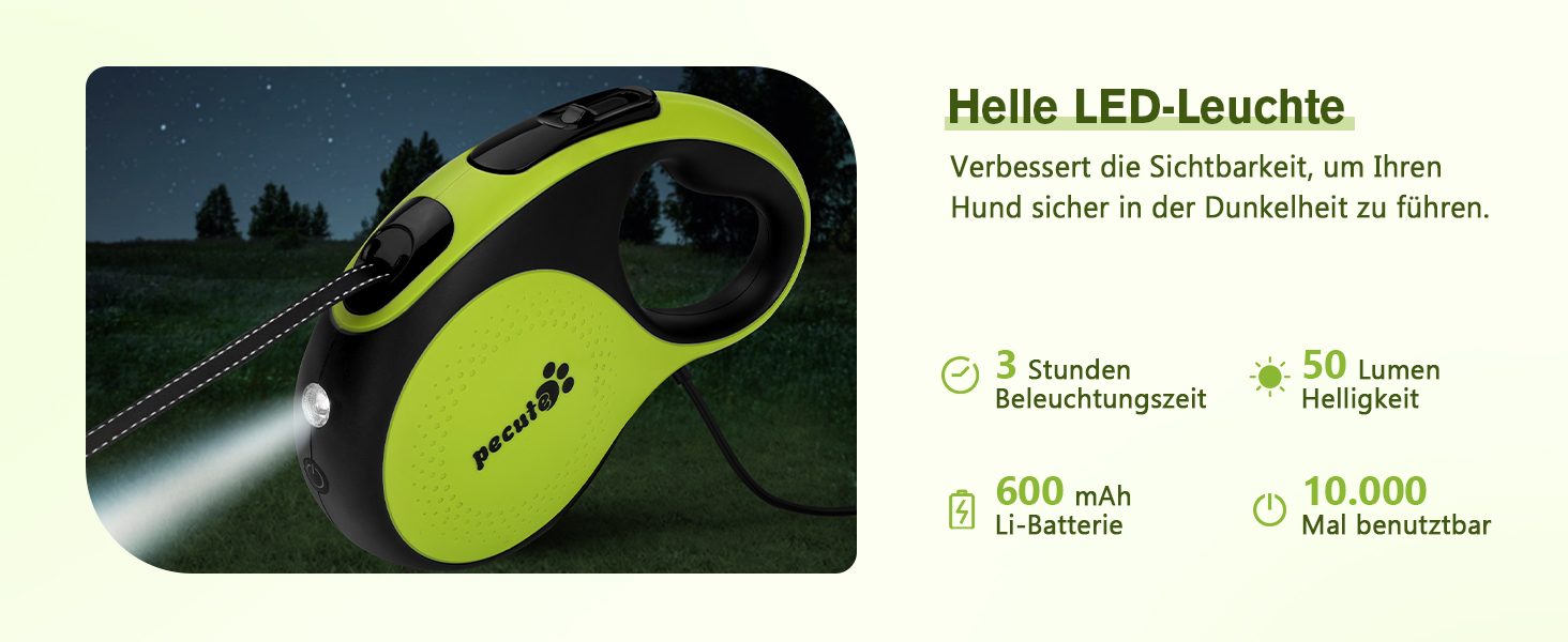 Рулетка для собак Pecute 8м з LED-підсвічуванням, 360° без перекручування, для собак до 50 кг
