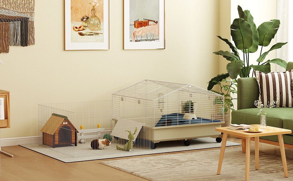 Клітка для дрібних тварин PawHut з вольєром, клітка для кроликів, клітка для дрібних тварин з пляшкою для води, годівницею для сіна, рампою, коліщатками. Підходить для морських свинок та їжаків. Білий колір.