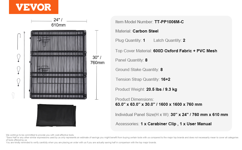 Металевий вольєр для собак VEVOR, 8 панелей, 76 x 61 см, розкладний, з дверцятами, матеріал: 600D Oxford, для собак, котів та інших дрібних тварин