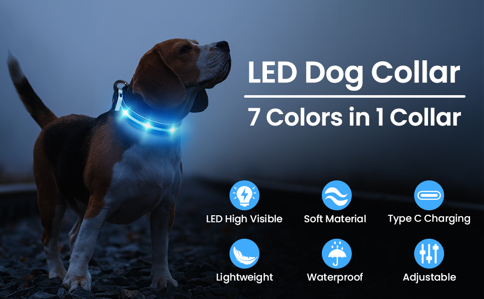 Світлодіодне нашийник для собак Masbrill з підзарядкою, 7 кольорів RGB, 8 режимів свічення, регульований, водонепроникний, для собак малого, середнього та великого розміру, чорний, розмір M