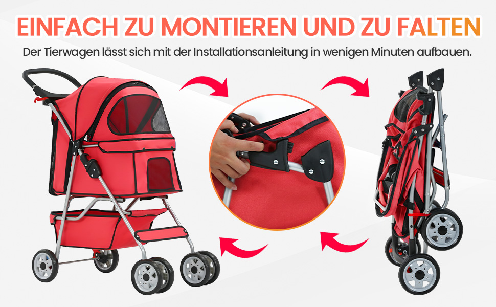 Візок для собак FDW, складний, для котів та собак з обертовими колесами на 360°, з кошиком для зберігання, подушкою та сітчастими віконцями, тримачем для напоїв, до 15 кг, червоний