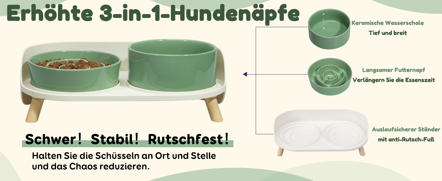 Набір мисок для собак з кераміки, піднятий на платформі - миски для повільного годування, набір з двох мисок для маленьких та середніх собак, годівниця та миска для води з неслизьким підставкою, середньо-зелений колір