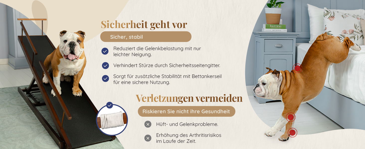 Сходинки для собак PRIORPET з берези з захисним бар'єром - регульована висота до 94.5 см - складаються - антиковзке покриття - для собак до 23 кг - колір: горіх