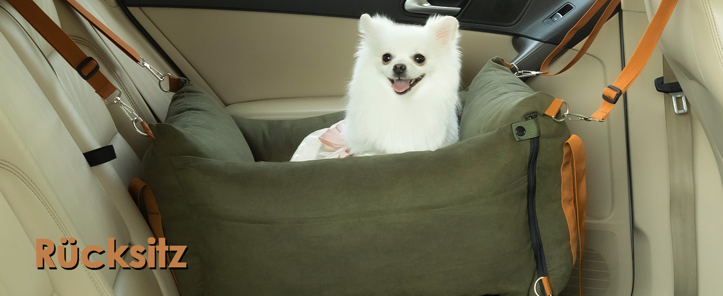 Автомобільний лежак для собак маленьких та середніх порід (до 15 кг), з висувною зоною відпочинку, знімний та пральний, з кишенями та ременем безпеки, зелений