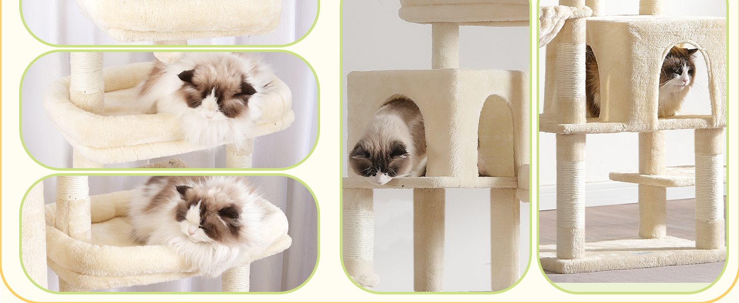 Котячий будиночок Hey-brother XXL для великих котів, 180 см, стабільний, з 3 платформами, 3 печерами та 2 котячими будиночками (Бежевий)