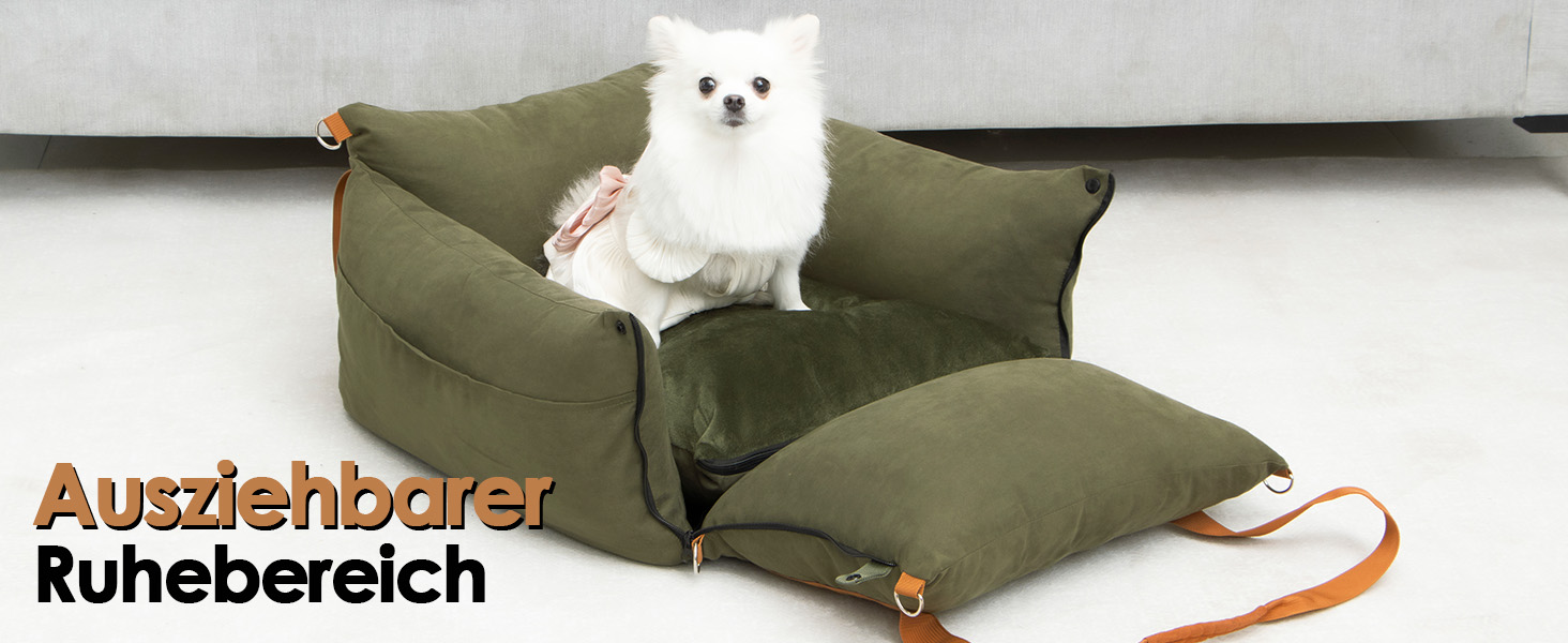 Автомобільний лежак для собак маленьких та середніх порід (до 15 кг), з висувною зоною відпочинку, знімний та пральний, з кишенями та ременем безпеки, зелений