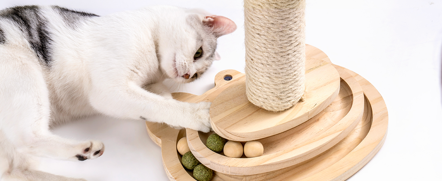 Іграшка для котів MEWOOFUN з дерева, роликовий іграшковий центр з двошаровим обертовим диском, інтерактивна іграшка з пір'ям, 3-в-1 іграшка для кошенят з інтерактивними м'ячиками та висячими кульками, дряпка для котів (маленька)