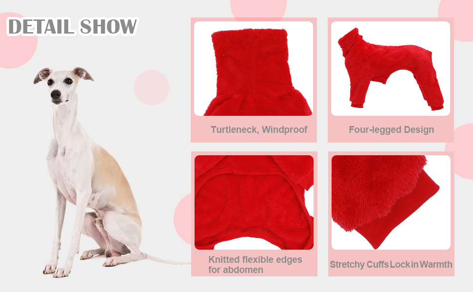 Теплий флісовий халат для грейхаундів, одяг для віппетів з ніжками, вітронепроникний собачий комбінезон з коміром-стійкою, флісовий собачий піжамний костюм, супер теплий зимовий пуловер для віппетів, Лурчерів, Салускі, червоний XXL