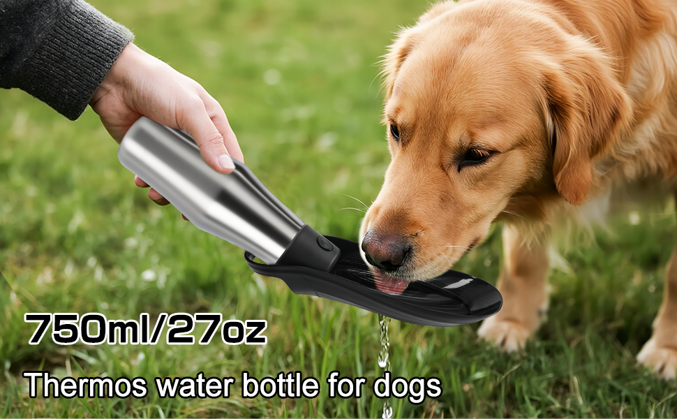 Водяна пляшка для собак на прогулянці - витокозахисна, з нержавіючої сталі, подвійні стінки, вакуумна ізоляція, 750 мл (Чорний)
