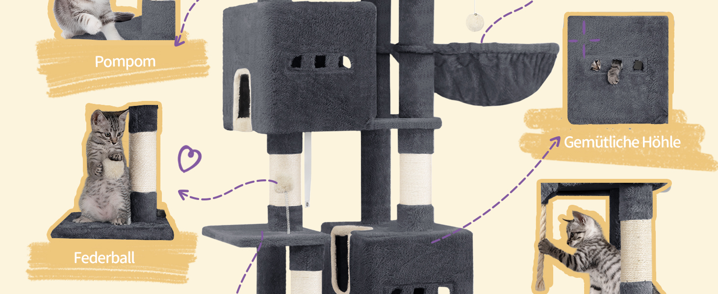 Великий котячий будиночок-кліматизатор, 193 см, XXL, з 7 стовпчиками для шліфування, 3 будиночками, 2 платформами, 2 плюшевими кульками, корзиною, мотузкою для лазіння, багатоповерховий, MS19218LG (темно-сірий)