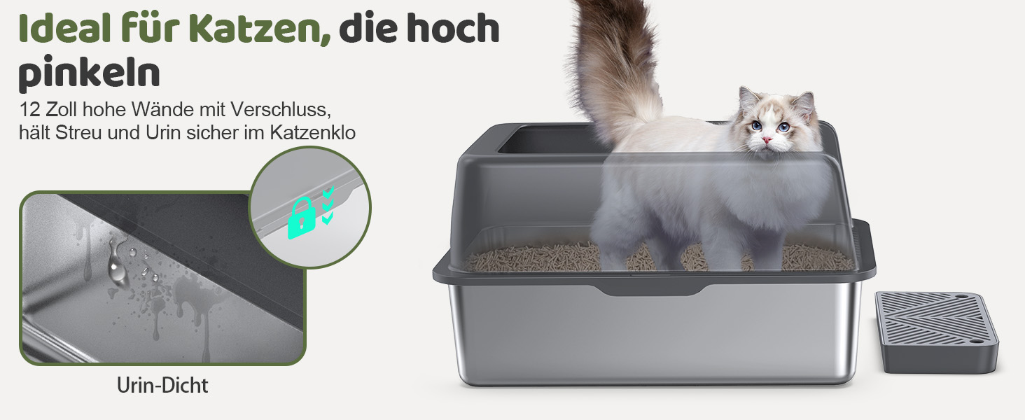 Кішниця для котів Gimars XL з нержавіючої сталі, велика лоток для котів 20L з лопаткою та килимком, міцна металева кішниця, кішниця з нержавіючої сталі для великих та середніх котів (темно-сіра з педалем)