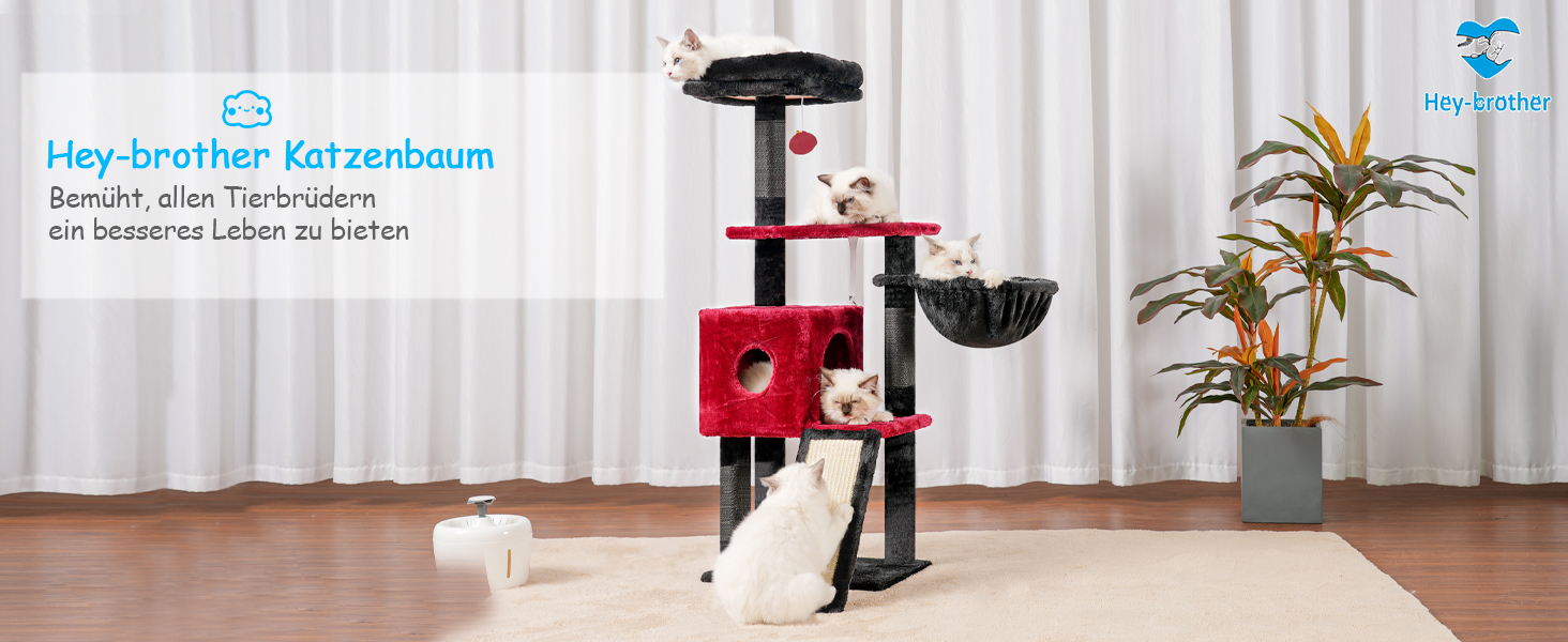 Котячий будиночок Hey-brother Kratzbaum 108 см: багатоповерховий котячий будиночок з подряпувальними стовпами, кошиком, просторим будиночком та іграшкою-помпоном, червоно-чорний MPJ007SBR