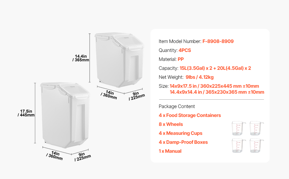 Набір контейнерів для зберігання VEVOR: 4 шт. (2 x 15 л / 2 x 20 л) з колесами, мірним стаканчиком та герметичними кришками. Підходять для кормів для тварин, круп, мюслі та кухонних інгредієнтів.
